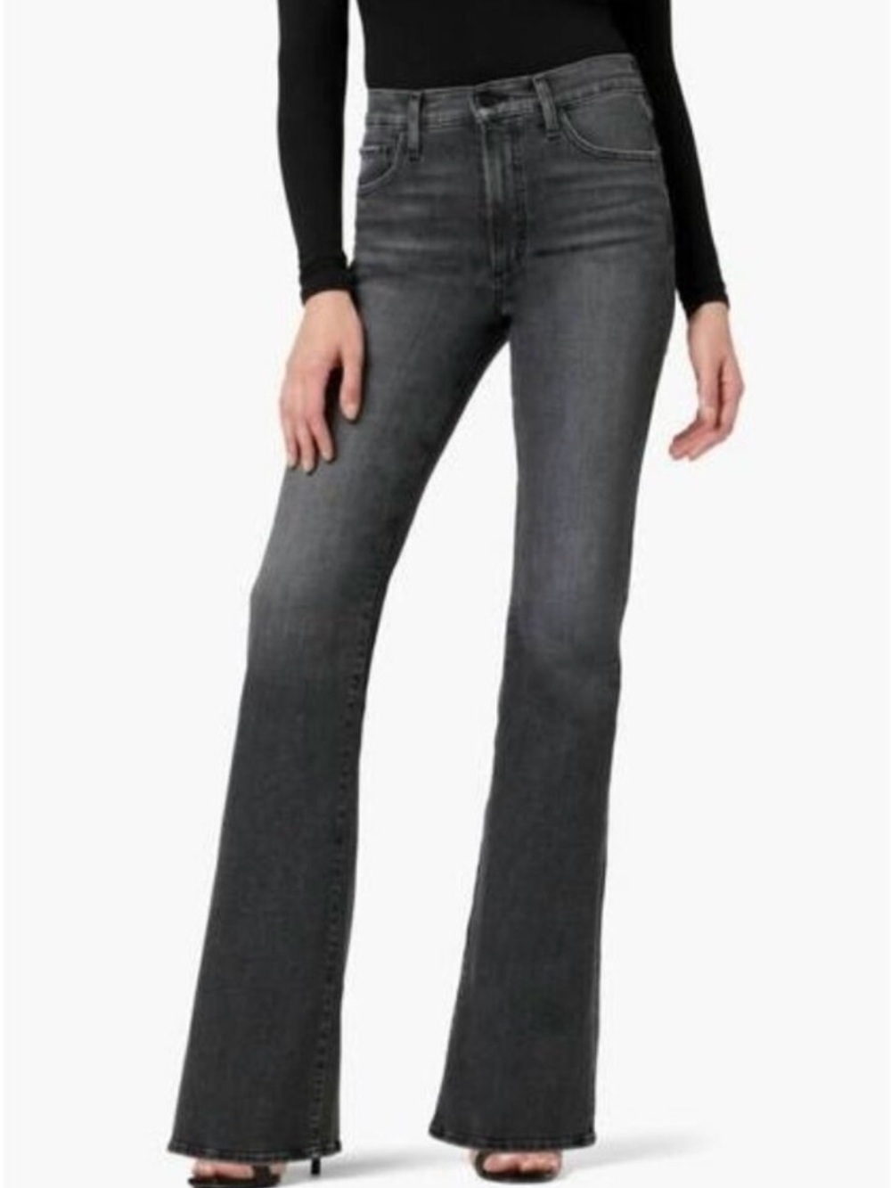 High-Rise Flare Jeans in Washed Black with raw hem